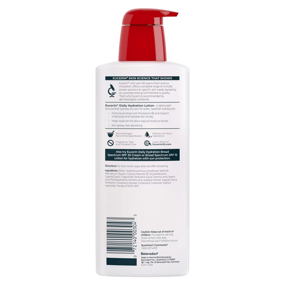 Eucerin Daily Hydration Body Lotion, Unscented Body Lotion for Sensitive Dry Skin, 16.9 Oz Pump Bottle